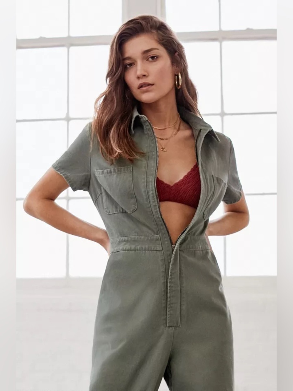 Urban Outfitters Utility Zip Front Jumpsuit Olive Green Size XS